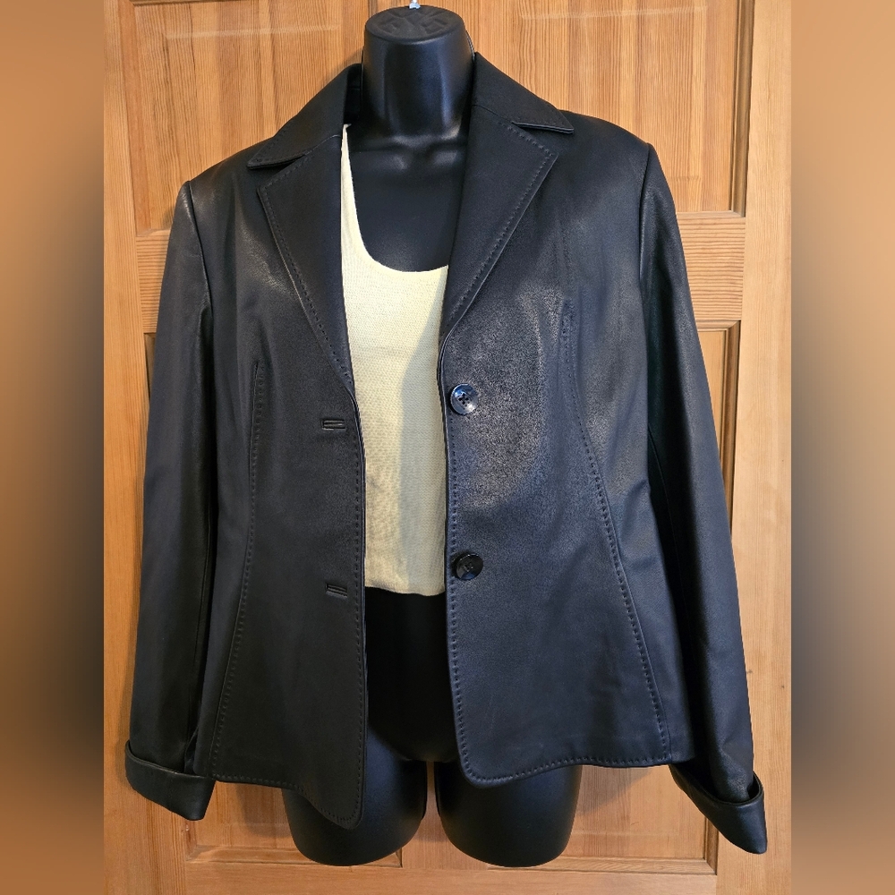 Womans Classic Black Leather Blazer Jacket Tailored Cut Office Biker Size Large - Picture 11 of 13